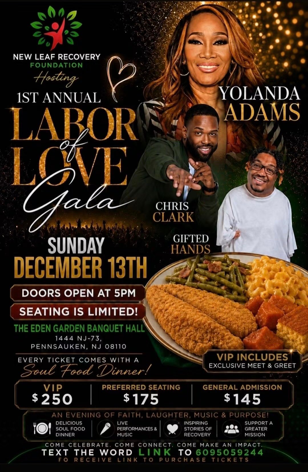 Promotional flyer for New Leaf Recovery Foundation's 1st Annual Labor of Love Gala on December 13th, featuring Yolanda Adams, Chris Clark, and Gifted Hands